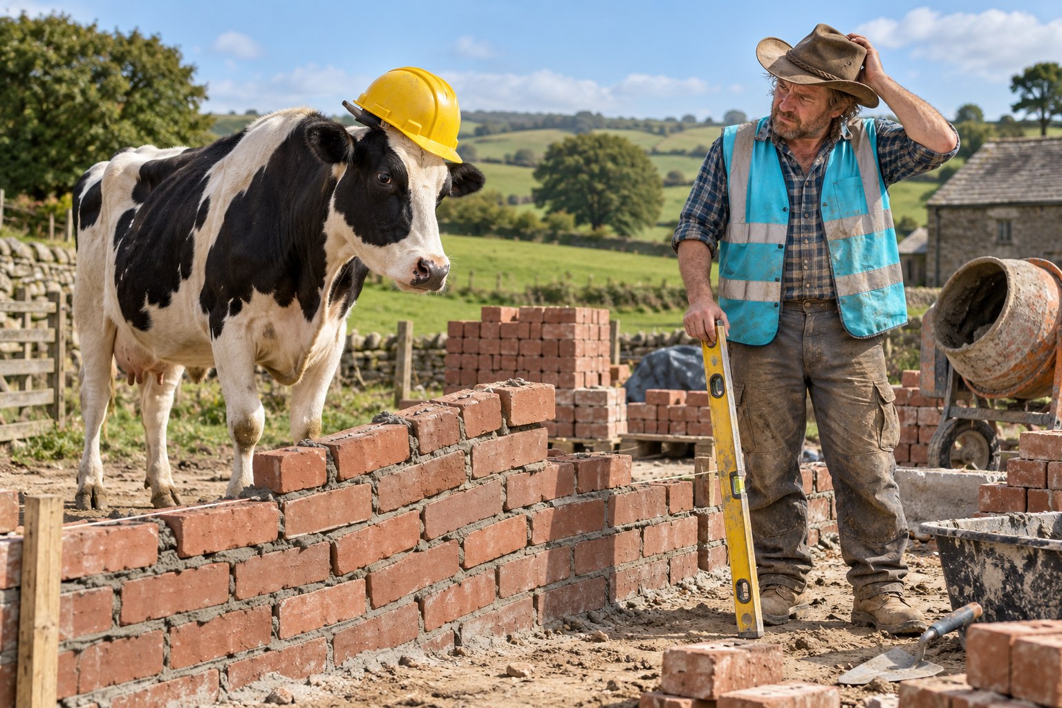 Fictional construction comedy: a cow in a hard hat inspects a crooked brick wall beside a confused builder in a cowboy hat