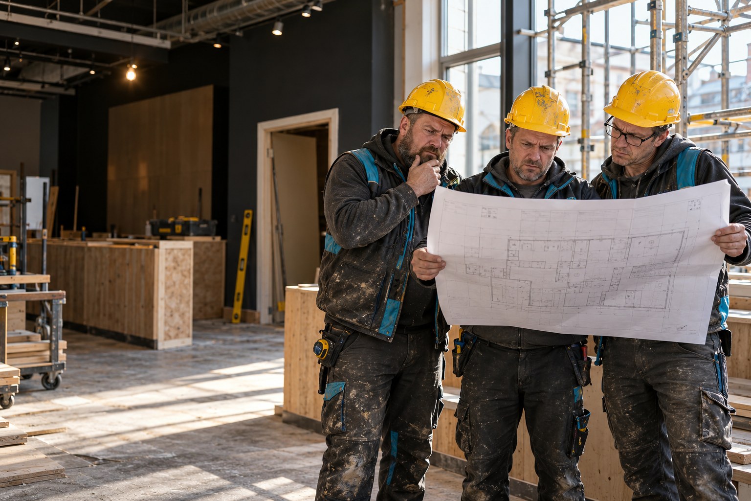 Fictional SPV construction crew taking their upside-down plans very seriously