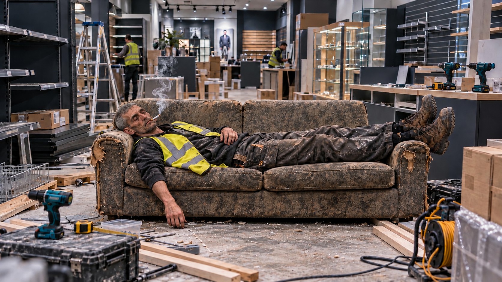 Dennis lying flat on his back across the battered sofa, fast asleep with a smoking cigarette, in the unfinished shop