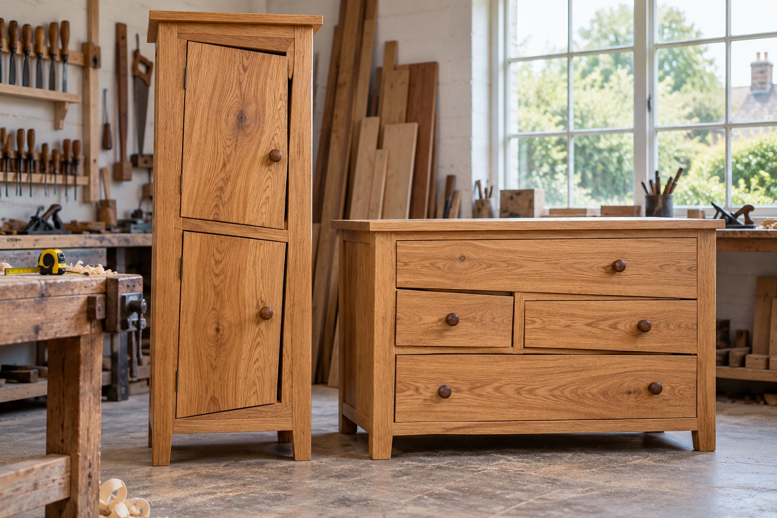 Two bespoke oak cabinets with completely mismatching sizes