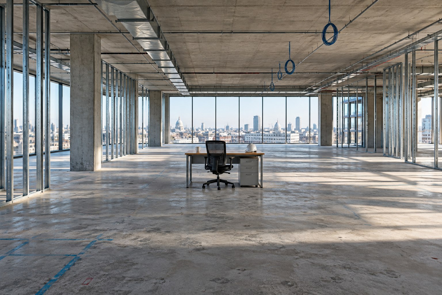 An extremely open-plan unfinished office with just one lonely desk