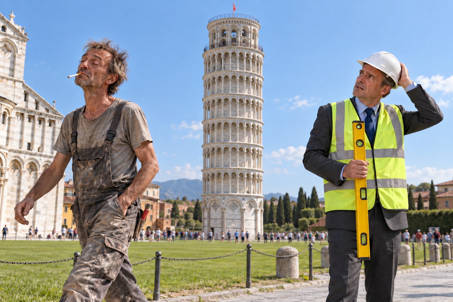 Fictional before image: the Pisa tower edited to stand perfectly straight, with Dennis and the project manager both fully visible