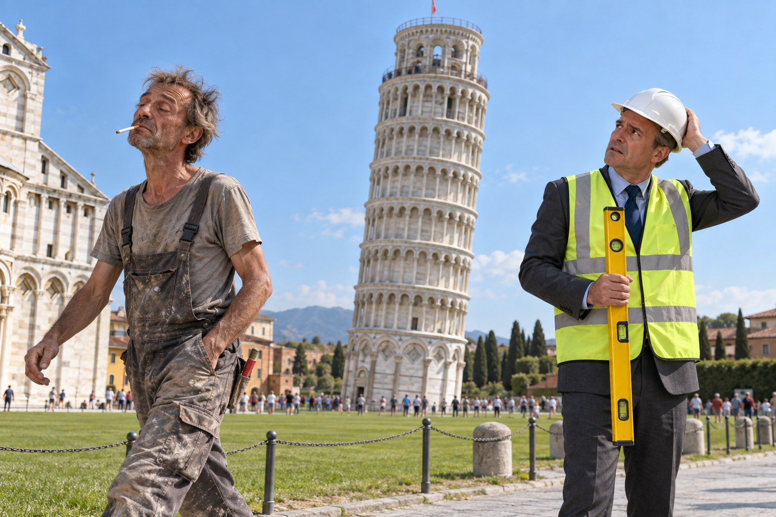Full scene: skinny, tired worker Dennis with a cigarette on the left, leaning Pisa tower in the centre, puzzled project manager with a spirit level on the right